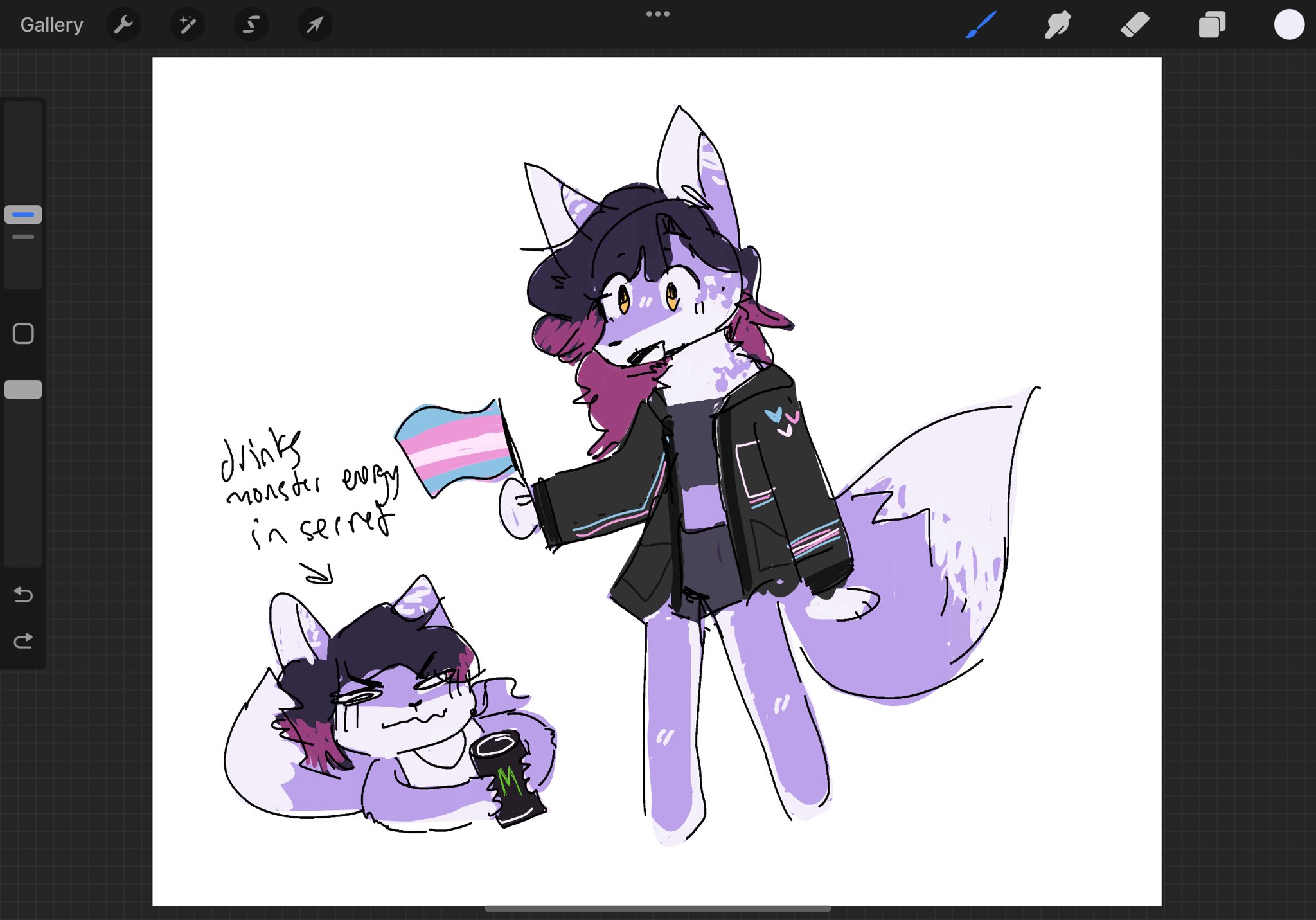a rough sketch in a pastel style, of a purple-pink fox fursona in a dark jacket with trans colored accessories, holding a trans flag. she also has a big poofy tail. there is a second sketch in the corner, of her even more poorly drawn, holding a monster can, with the text 'drinks monster energy in secret' above her